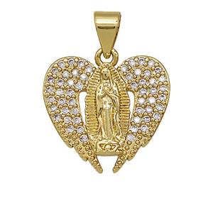 Copper Jesus Heart Pendant Pave Zirconia Angel Wings Gold Plated, approx 16-17mm