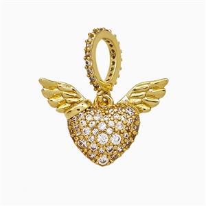 Copper Heart Angel Wings Pendant Micropave Zirconia Gold Plated, approx 14-19mm, 8-10mm
