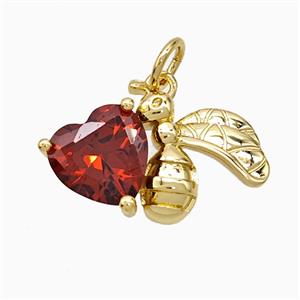 Copper Bumblebee Pendant Pave Red Crystal Glass Heart Gold Plated, approx 11-19mm
