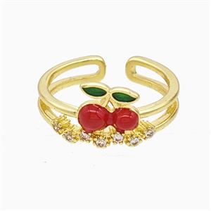 Copper Cherry Rings Pave Zirconia Red Enamel Gold Plated, approx 8mm, 18mm dia