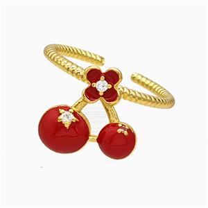 Copper Cherry Rings Pave Zirconia Red Enamel Gold Plated, approx 13-14mm, 18mm dia