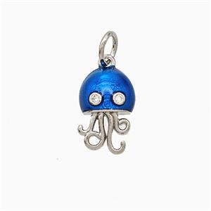 Copper Jellyfish Pendant Pave Zirconia Blue Painted Platinum Plated, approx 8-12mm