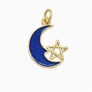Copper Moon Pendant Blue Painted Star Gold Plated, approx 13-14mm