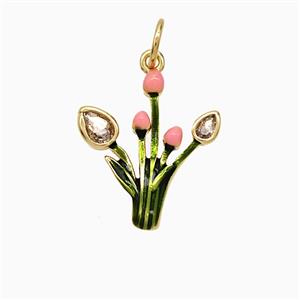 Copper Flower Pendant Green Pink Enamel Gold Plated, approx 14-16mm
