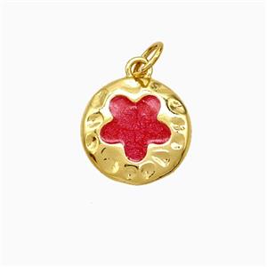 Copper Flower Pendant Red Painted Gold Plated, approx 12.5mm