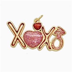 Copper XOXO Pendant Red Painted Gold Plated, approx 14-28mm