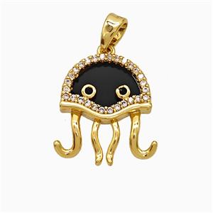 Copper Jellyfish Pendant Pave Zirconia Black Enamel Gold Plated, approx 14-17mm