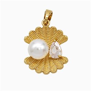 Copper Scallop Shell Pendant Pave Pearlized Resin Gold Plated, approx 15-16mm