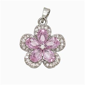 Copper Flower Pendant Pave Zirconia Crystal Glass Platinum Plated, approx 17mm