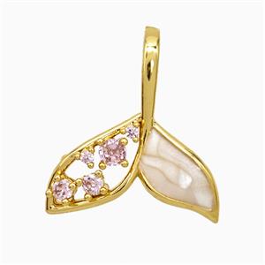 Copper Shark-Tail Pendant Pave Zirconia White Painted Gold Plated, approx 20mm
