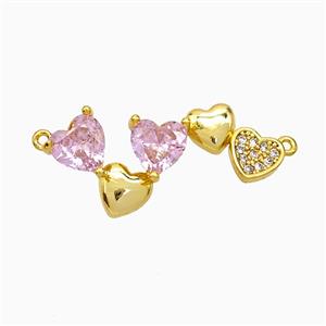 Copper Heart Link Pendant Pave Zirconia Pink Crystal Glass 2loops Gold Plated, approx 12-30mm