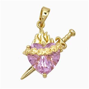 Copper Heart Sword Pendant Pave Pink Crystal Glass Gold Plated, approx 12-20mm