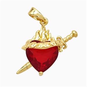 Copper Heart Sword Pendant Pave Red Crystal Glass Gold Plated, approx 12-20mm
