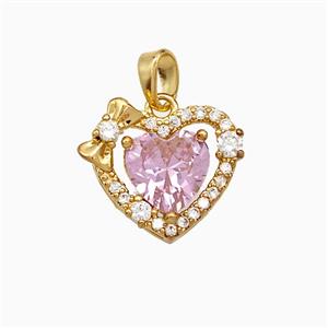 Copper Heart Pendant Pave Zirconia Pink Crystal Glass Gold Plated, approx 15mm