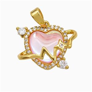 Copper Heart Pendant Pave Zirconia Pink Acrylic Gold Plated, approx 13-17mm