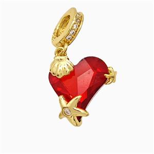 Copper Heart Pendant Pave Crystal Glass Starfish Shell Gold Plated, approx 13-15mm, 9mm dia