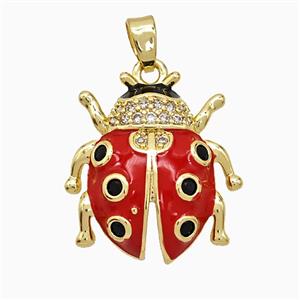 Copper Ladybug Pendant Pave Zirconia Red Enamel Gold Plated, approx 20mm