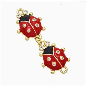 Copper Ladybug Connector Pave Zirconia Red Enamel Gold Plated, approx 13-30mm