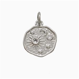 Copper Sun Moon Pendant Pave Zirconia Platinum Plated, approx 13mm