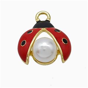 Copper Ladybug Pendant Pave Pearlized Resin Red Enamel Gold Plated, approx 16-17mm