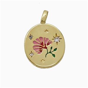 Copper Flower Pendant Pave Zirconia Enamel Gold Plated, approx 13.5-16mm