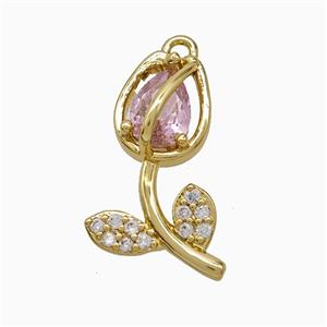 Copper Tulip Pendant Pave Zirconia Crystal Glass Flower Gold Plated, approx 8-18mm
