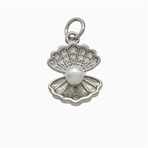 Copper Scallop Shell Pendant Pave Zirconia Pearlized Resin Platinum Plated, approx 11-13mm