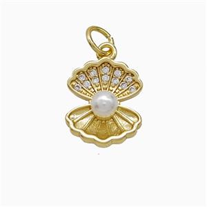 Copper Scallop Shell Pendant Pave Zirconia Pearlized Resin Gold Plated, approx 11-13mm