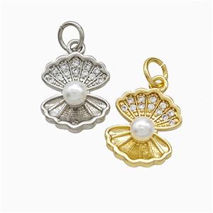 Copper Scallop Shell Pendant Pave Zirconia Pearlized Resin Mixed, approx 11-13mm
