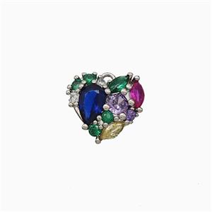 Copper Heart Pendant Micropave Multicolor Zirconia Platinum Plated, approx 11mm