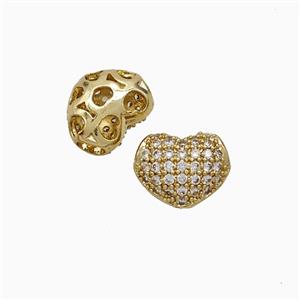 Copper Heart Beads Pave Zirconia Gold Plated, approx 8-10mm