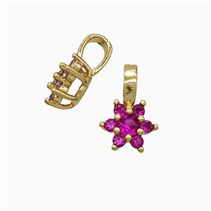 Copper Flower Pendant Pave Fuchsia Crystal Glass Gold Plated, approx 6-10mm