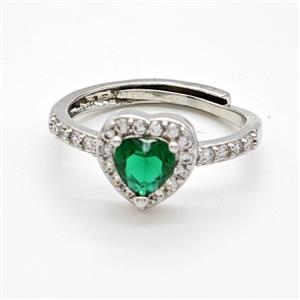 Copper Rings Pave Green Crystal Glass Heart Adjustable Platinum Plated, approx 6mm, 10mm, 18mm dia