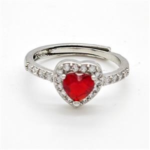 Copper Rings Pave Red Crystal Glass Heart Adjustable Platinum Plated, approx 6mm, 10mm, 18mm dia