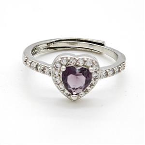 Copper Rings Pave Purple Crystal Glass Heart Adjustable Platinum Plated, approx 6mm, 10mm, 18mm dia