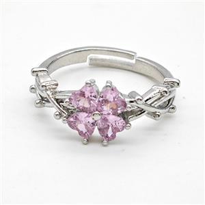 Copper Rings Pave Pink Crystal Glass Clover Adjustable Platinum Plated, approx 10mm, 18mm dia