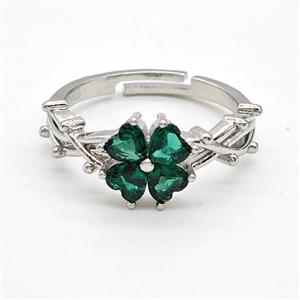 Copper Rings Pave Green Crystal Glass Clover Adjustable Platinum Plated, approx 10mm, 18mm dia