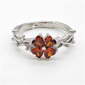Copper Rings Pave Red Crystal Glass Clover Adjustable Platinum Plated, approx 10mm, 18mm dia