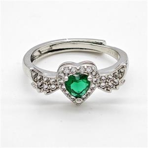 Copper Rings Pave Green Crystal Glass Heart Angel Wings Adjustable Platinum Plated, approx 8-20mm, 18mm dia