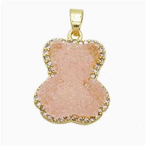 Pink Resin Bear Copper Pendant Pave Zirconia Gold Plated, approx 13-18mm