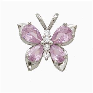 Copper Butterfly Pendant Pave Pink Crystal Glass Platinum Plated, approx 18mm
