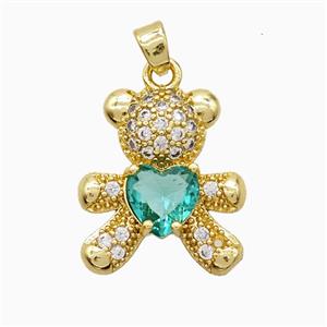 Copper Bear Pendant Pave Zirconia Green Crystal Glass Gold Plated, approx 16-19mm
