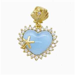 Copper Heart Pendant Pave Zirconia Blue Resin Gold Plated, approx 15mm, 8mm