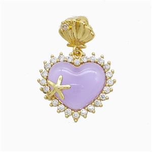 Copper Heart Pendant Pave Zirconia Lavender Resin Gold Plated, approx 15mm, 8mm