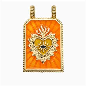 Copper Heart Pendant Ornage Painted Rectangle 2loops Gold Plated, approx 18-30mm