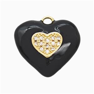 Copper Heart Pendant Pave Zirconia Black Enamel Gold Plated, approx 20mm