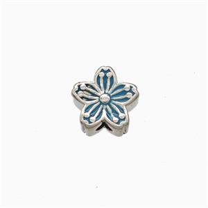 Copper Flower Beads Blue Enamel Platinum Plated, approx 8mm