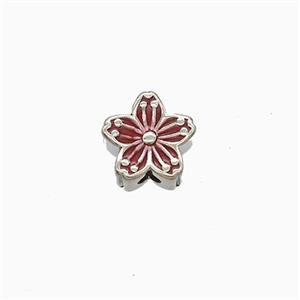 Copper Flower Beads Red Enamel Platinum Plated, approx 8mm