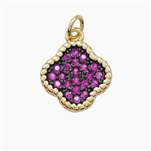 Copper Clover Pendant Micropave Fuchsia Zirconia Gold Plated, approx 14mm