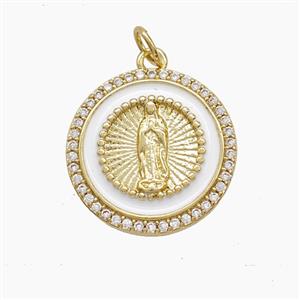 Copper Jesus Pendant Pave Zirconia White Enamel Gold Plated, approx 18mm